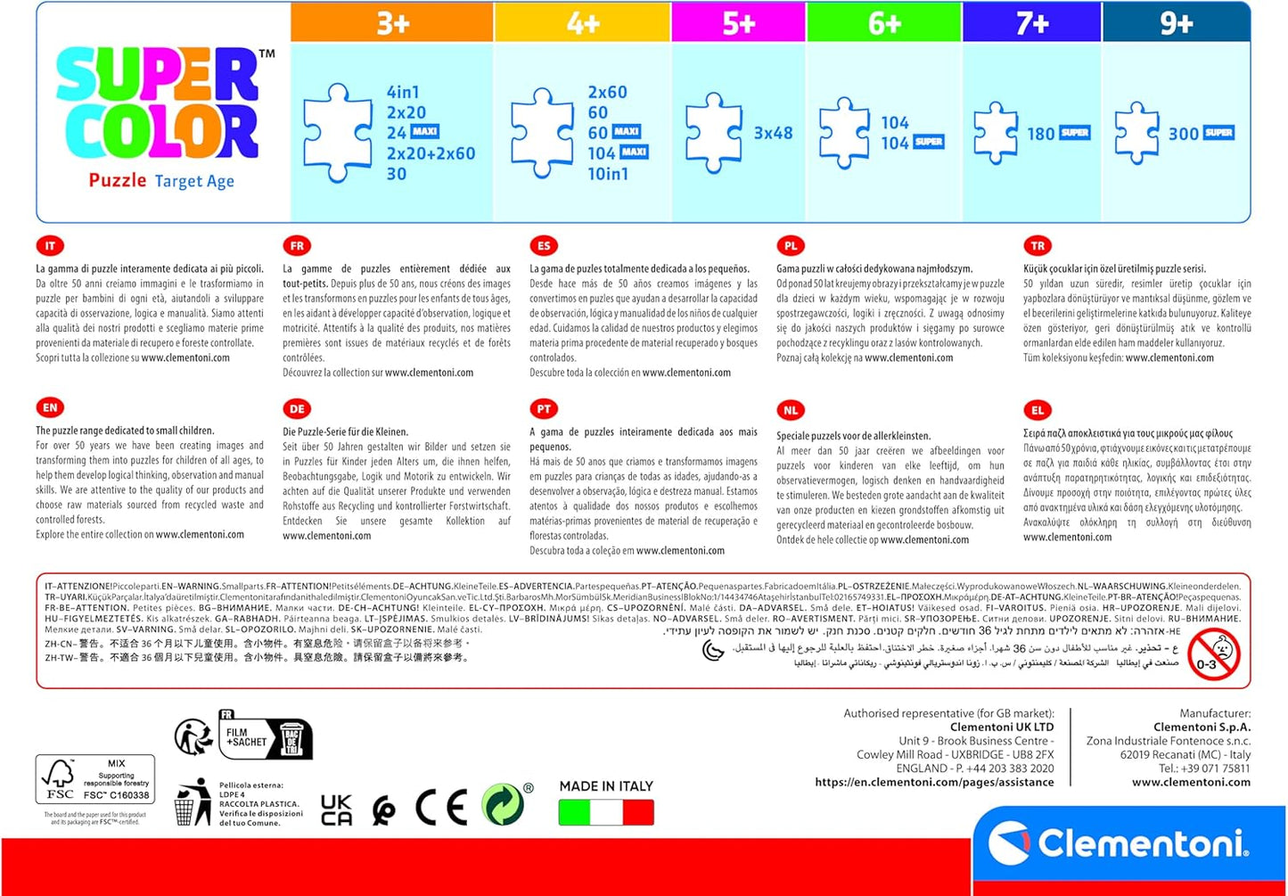 Infografía de la gama SuperColor de Clementoni con las edades recomendadas y el número de piezas de cada puzzle de la colección