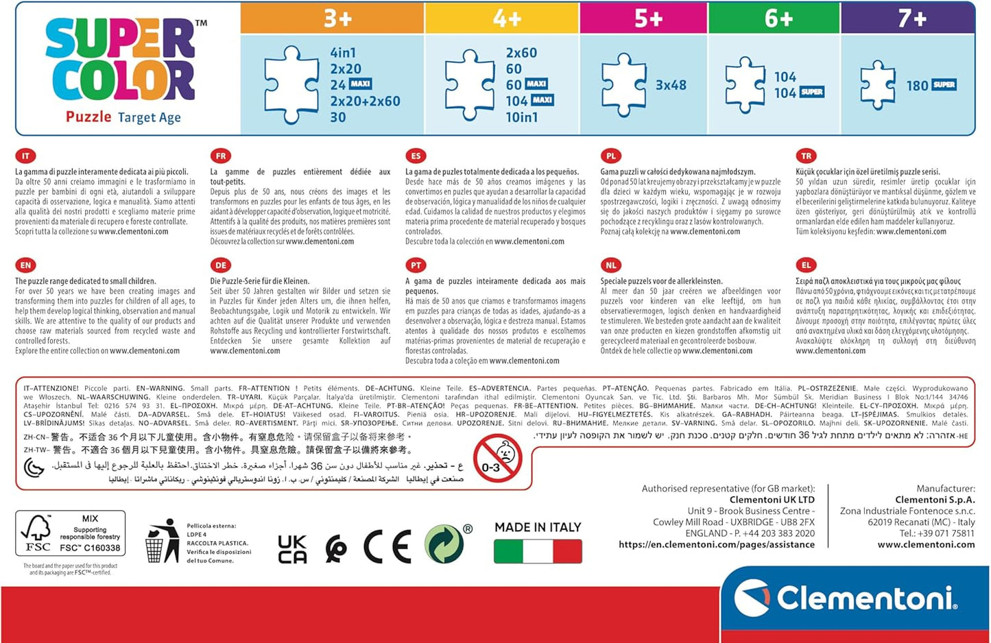 Infografía de la gama SuperColor de Clementoni con las edades recomendadas y el número de piezas de cada puzzle de la colección