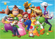 Ilustración del puzzle Super Mario de 1000 piezas de Ravensburger: Mario, Luigi, Peach, Bowser, Donkey Kong, Yoshi y más personajes reunidos en un prado