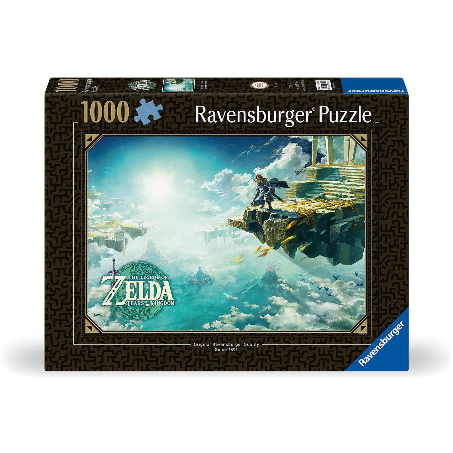 Caja del puzzle The Legend of Zelda de 1000 piezas de Ravensburger: Tears of the Kingdom de 1000 piezas de Ravensburger, con Link sobre una isla flotante