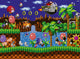 Ilustración del puzzle Sonic the Hedgehog de 500 piezas de Ravensburger: Sonic, Tails y Knuckles en la Green Hill Zone en estilo píxel, con el Dr. Eggman en su nave