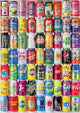 Ilustración del puzzle Latas Apiladas de 500 piezas de Educa: colección de latas de refresco apiladas en filas ordenadas con marcas de todo el mundo