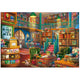 Ilustración del puzzle Librería de 1000 piezas de Educa: interior de una librería de dos plantas llena de estanterías, sillones verdes y un perrito