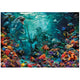 Ilustración del puzzle Arrecife de Coral de 1000 piezas de Educa: Poseidón sosteniendo un tridente rodeado de delfines, tiburones y peces tropicales entre corales