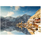 Ilustración del puzzle Invierno en Hallstatt de 1500 piezas de Educa: pueblo nevado a orillas del lago reflejado en el agua y montañas al fondo