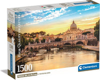 Caja del puzzle Roma de 1500 piezas de Clementoni, con la basílica de San Pedro y el puente sobre el río Tíber al atardecer