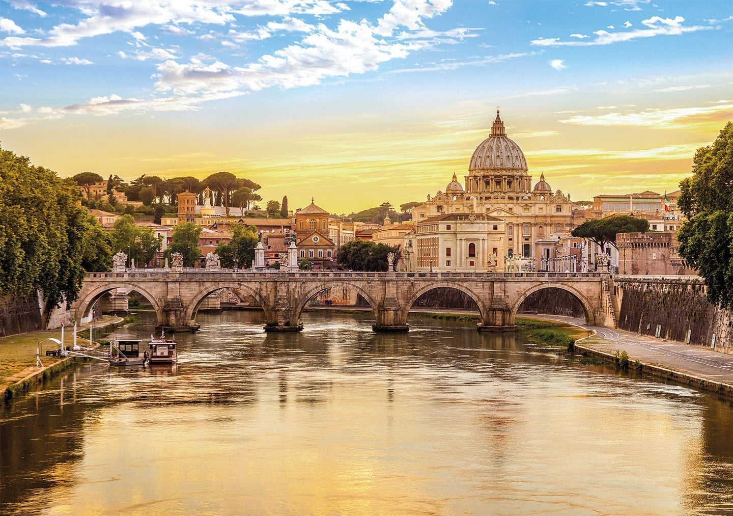Ilustración del puzzle Roma de 1500 piezas de Clementoni: la basílica de San Pedro y el puente sobre el río Tíber al atardecer