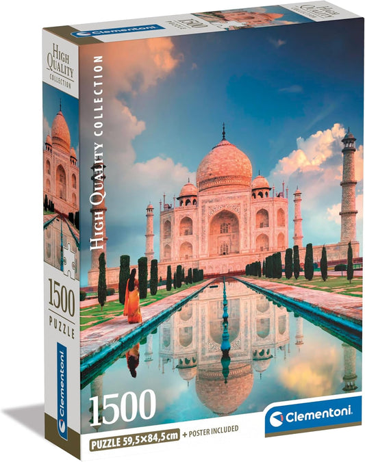 Caja del puzzle Taj Mahal 1500 piezas Clementoni, colección High Quality Collection, con el mausoleo de mármol y sus minaretes reflejados en el estanque con una mujer con sari naranja