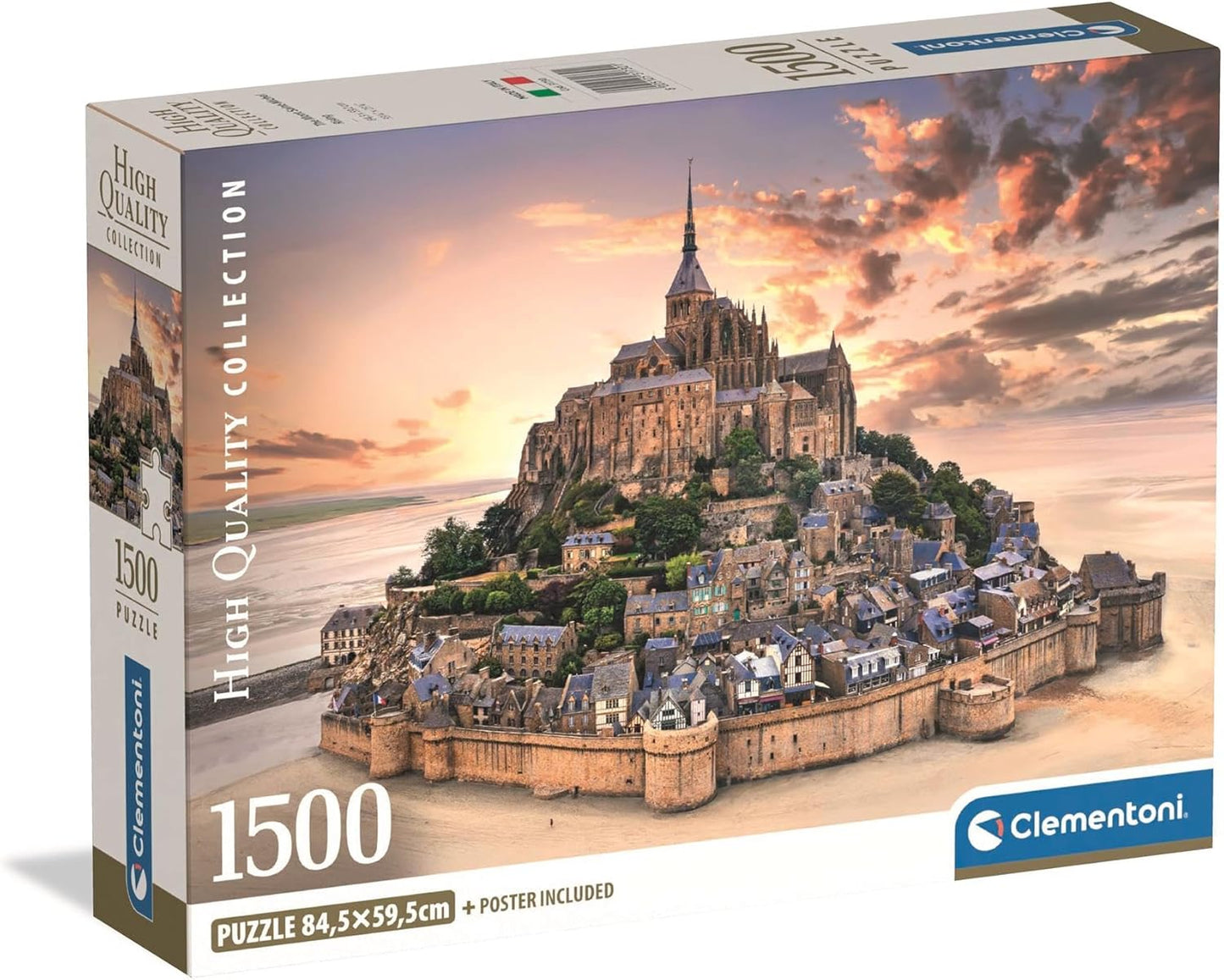 Caja del puzzle Mont-Saint-Michel de 1500 piezas de Clementoni, con la abadía sobre la roca amurallada y la bahía al atardecer