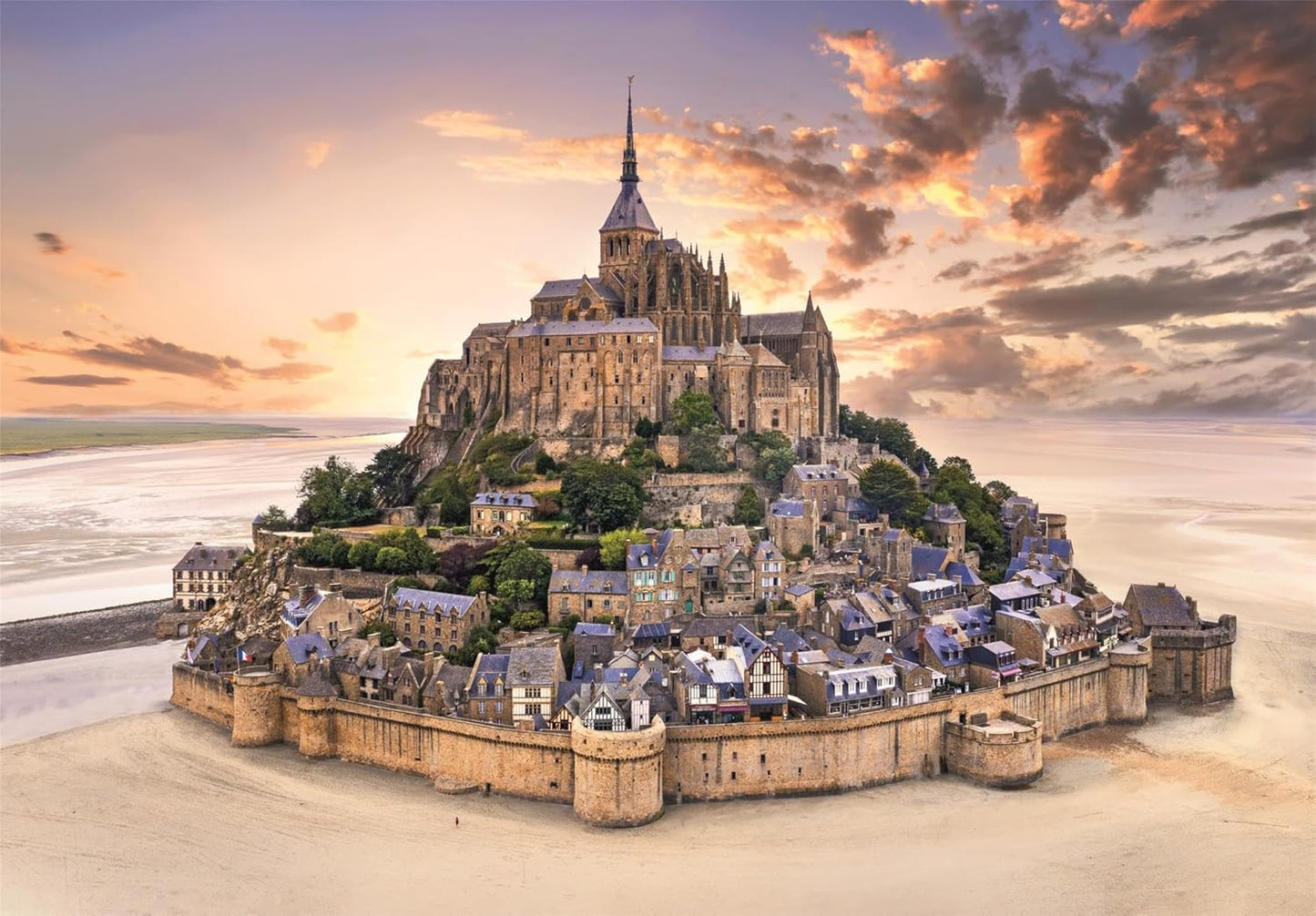 Ilustración del puzzle Mont-Saint-Michel de 1500 piezas de Clementoni: la abadía sobre la roca amurallada y la bahía al atardecer