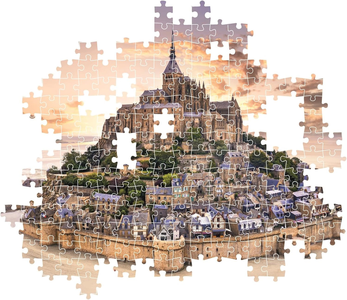 Puzzle Mont-Saint-Michel de 1500 piezas de Clementoni parcialmente montado, mostrando las piezas encajadas