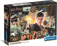 Caja del puzzle Harry Potter de 1500 piezas de Clementoni, con Harry Potter alzando la varita en un collage de escenas y objetos de las películas