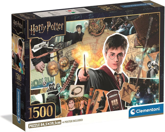 Caja del puzzle Harry Potter de 1500 piezas de Clementoni, con Harry Potter alzando la varita en un collage de escenas y objetos de las películas