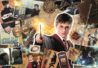 Ilustración del puzzle Harry Potter de 1500 piezas de Clementoni: Harry Potter alzando la varita en un collage de escenas y objetos de las películas
