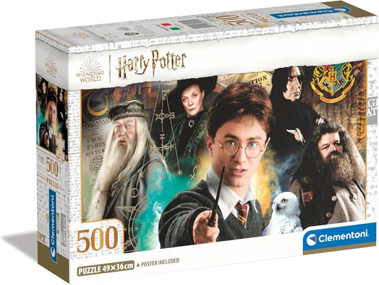 Caja del puzzle Harry Potter y los Profesores de Hogwarts de 500 piezas de Clementoni, con Harry Potter alzando la varita junto a Dumbledore, McGonagall, Snape y Hagrid