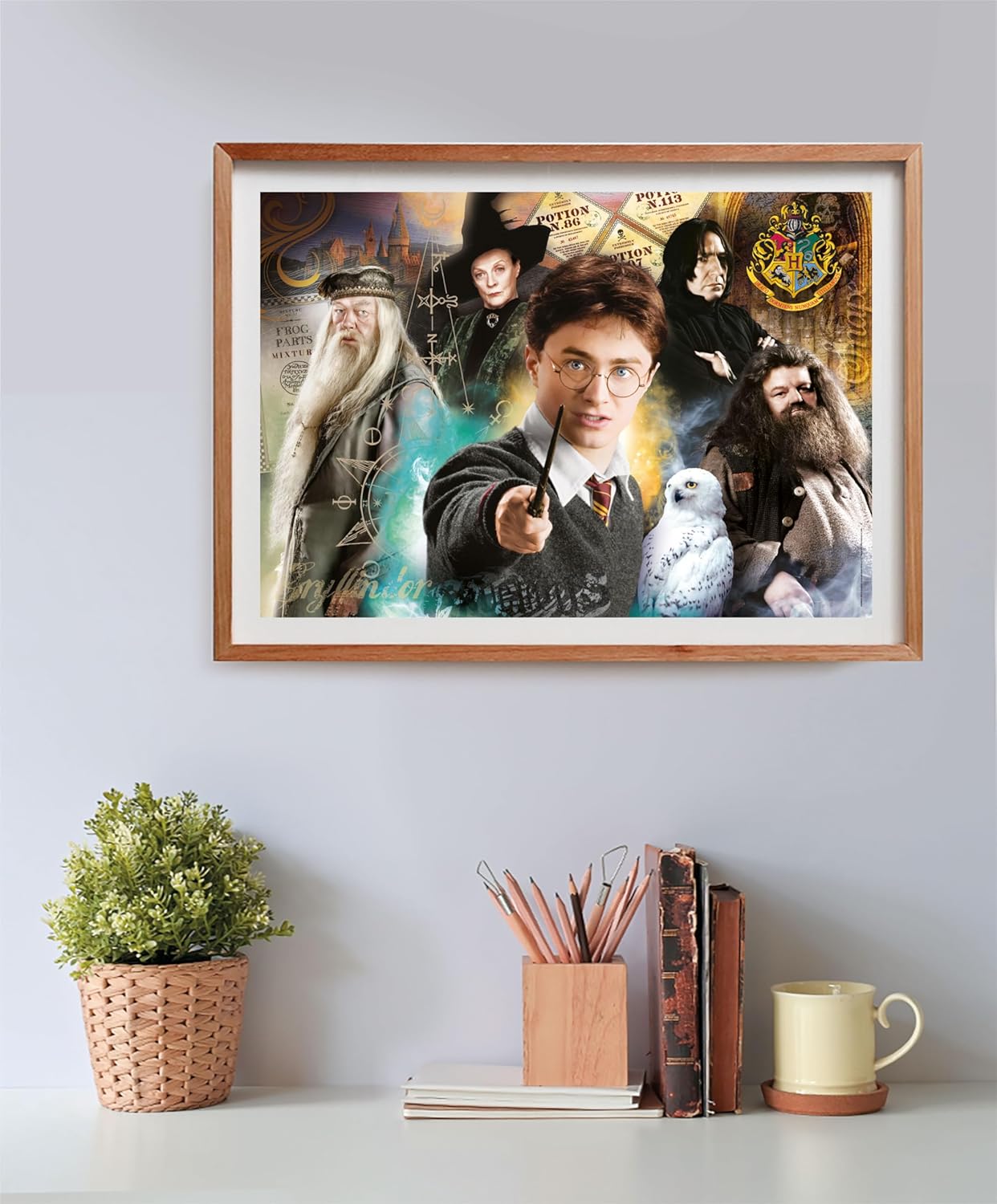Puzzle Harry Potter y los Profesores de Hogwarts de 500 piezas de Clementoni montado y enmarcado en la pared de una habitación