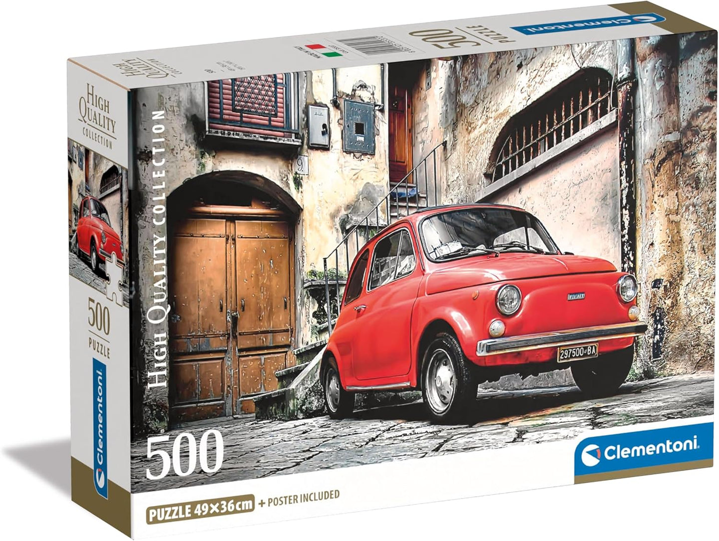 Caja del puzzle Coche Fiat Rojo de 500 piezas de Clementoni, con un Fiat 500 rojo aparcado en una calle empedrada de un casco antiguo italiano