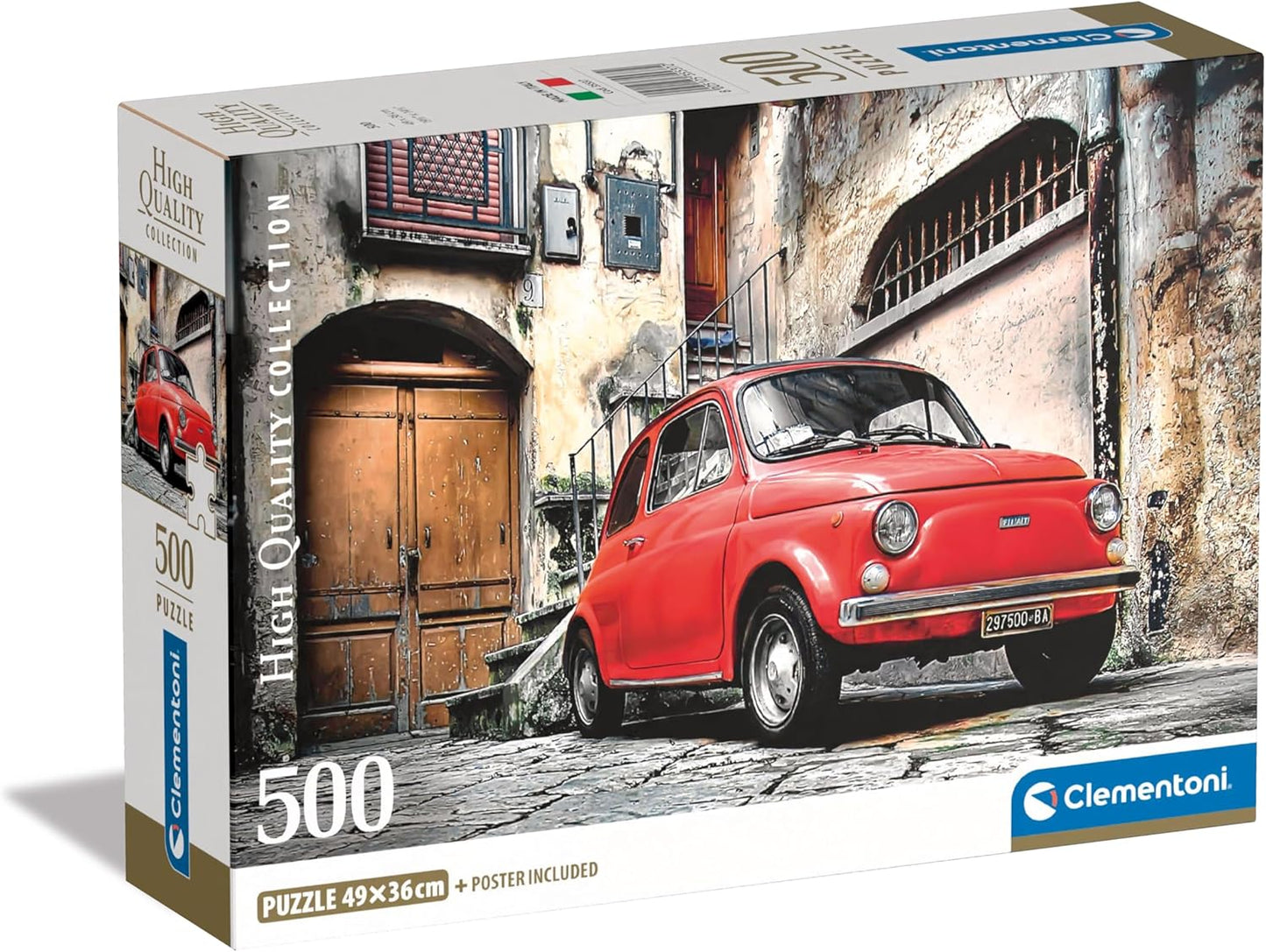 Caja del puzzle Coche Fiat Rojo de 500 piezas de Clementoni, con un Fiat 500 rojo aparcado en una calle empedrada de un casco antiguo italiano
