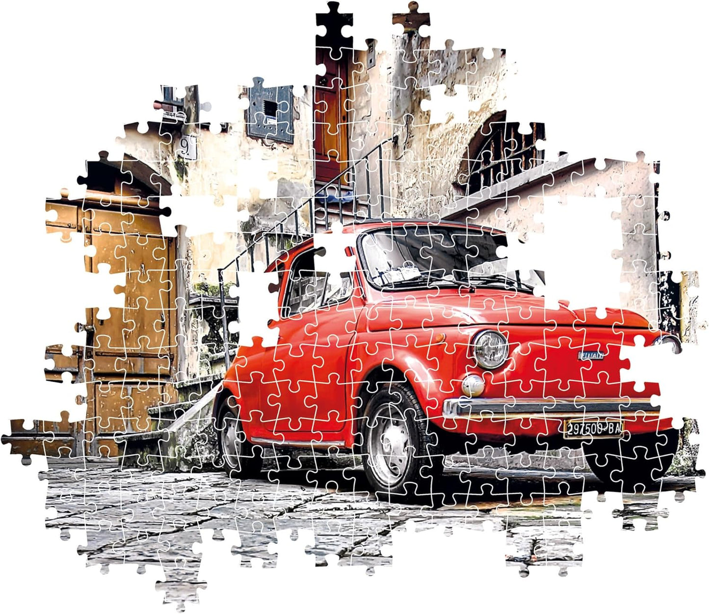 Puzzle Coche Fiat Rojo de 500 piezas de Clementoni parcialmente montado, mostrando las piezas encajadas