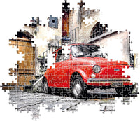 Puzzle Coche Fiat Rojo de 500 piezas de Clementoni parcialmente montado, mostrando las piezas encajadas