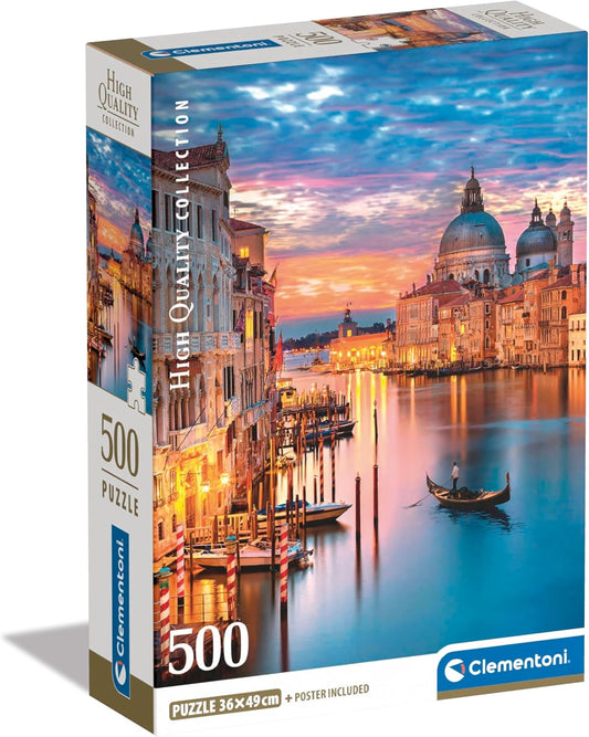 Caja del puzzle Venecia Iluminada de 500 piezas de Clementoni, con el Gran Canal, una góndola y la basílica de la Salute al atardecer