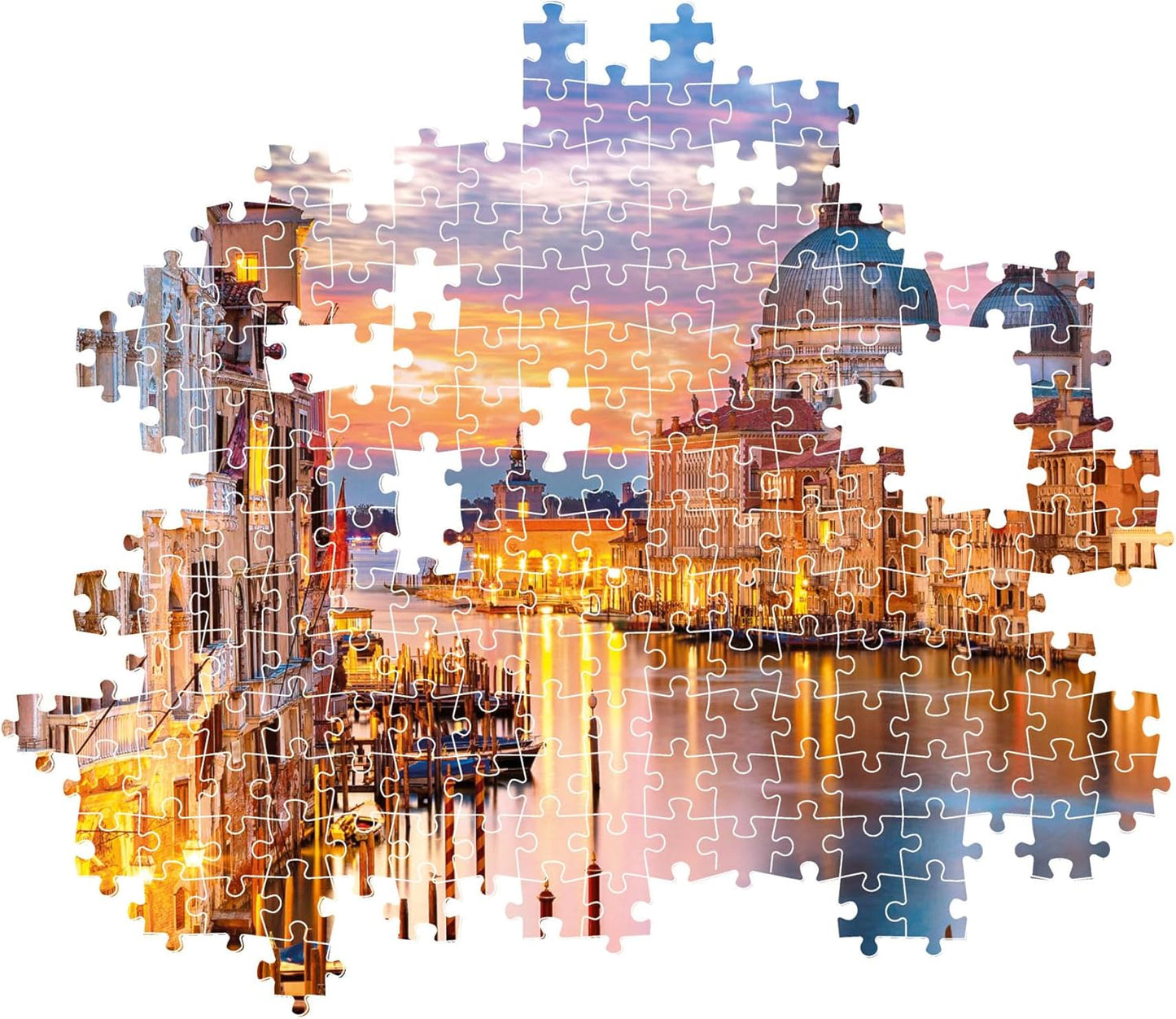 Puzzle Venecia Iluminada de 500 piezas de Clementoni parcialmente montado, mostrando las piezas encajadas