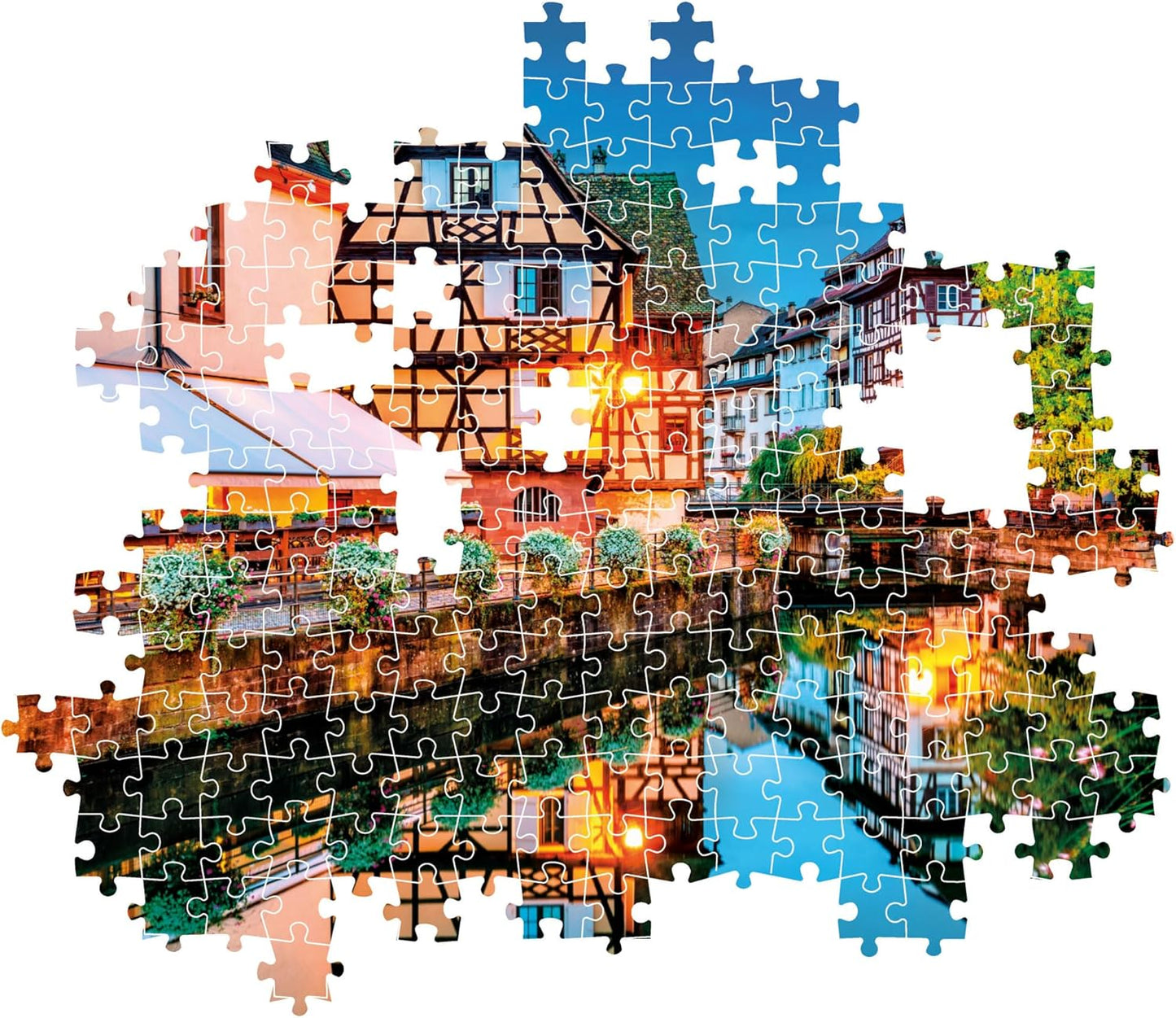 Puzzle Casco Antiguo de Estrasburgo de 500 piezas de Clementoni parcialmente montado, mostrando las piezas encajadas