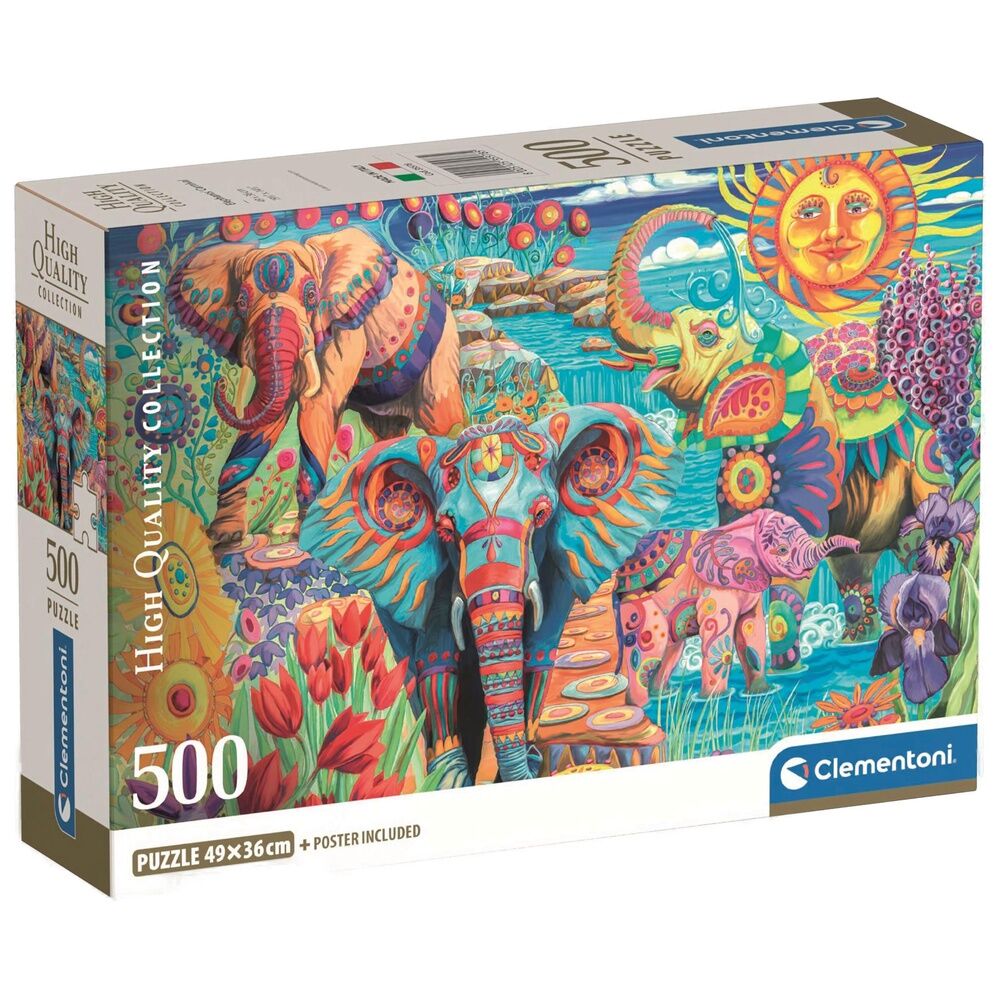 Caja del Puzzle Carnaval de Elefantes 500 piezas Clementoni. Ilustración colorida de elefantes decorados con motivos ornamentales entre flores, un sol con rostro y un paisaje de agua al fondo.