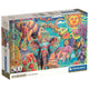 Caja del Puzzle Carnaval de Elefantes 500 piezas Clementoni. Ilustración colorida de elefantes decorados con motivos ornamentales entre flores, un sol con rostro y un paisaje de agua al fondo.
