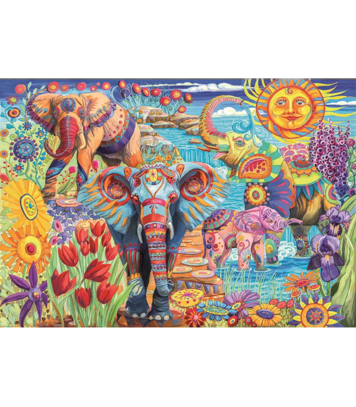 Ilustración del Puzzle Carnaval de Elefantes 500 piezas Clementoni. Elefantes decorados con motivos ornamentales entre flores, un sol con rostro y un paisaje de agua al fondo.
