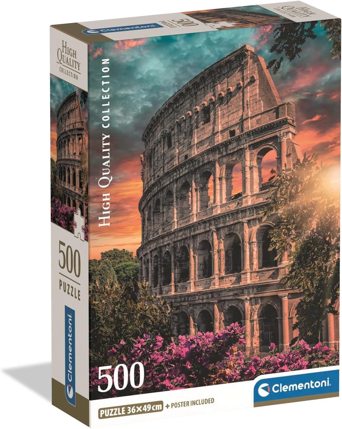 Caja del Puzzle Anfiteatro 500 piezas Clementoni. El Coliseo de Roma al atardecer, con cielo anaranjado, árboles verdes y flores moradas en primer plano.