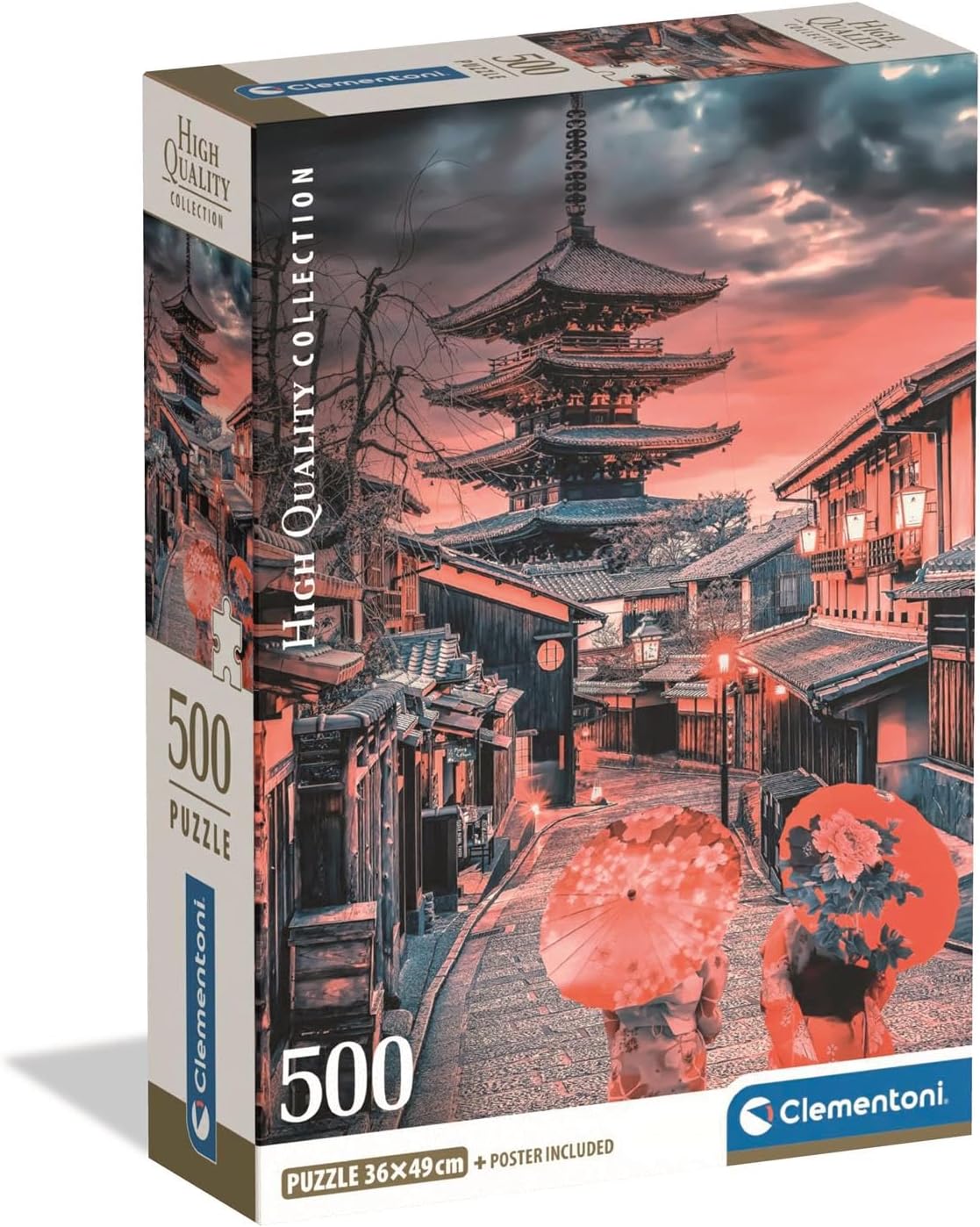 Caja del Puzzle Atardecer en Kioto 500 piezas Clementoni. Una calle empedrada de Kioto al atardecer con la pagoda Yasaka, casas tradicionales de madera y dos mujeres con kimono y sombrillas rojas.