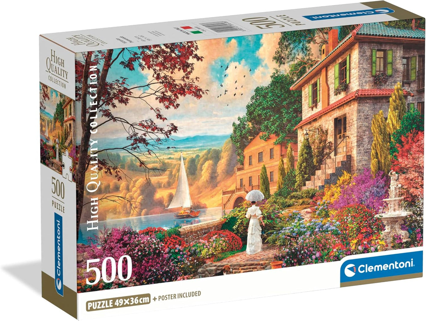 Caja del Puzzle Paseo Victoriano 500 piezas Clementoni. Una mujer con vestido blanco y sombrilla pasea por un jardín florido junto a una casa de piedra y un lago con un velero al atardecer.