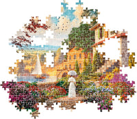 Montaje parcial del Puzzle Paseo Victoriano 500 piezas Clementoni, con piezas encajadas mostrando la escena de la mujer en el jardín florido junto a la casa de piedra y el lago, y piezas sueltas alrededor.