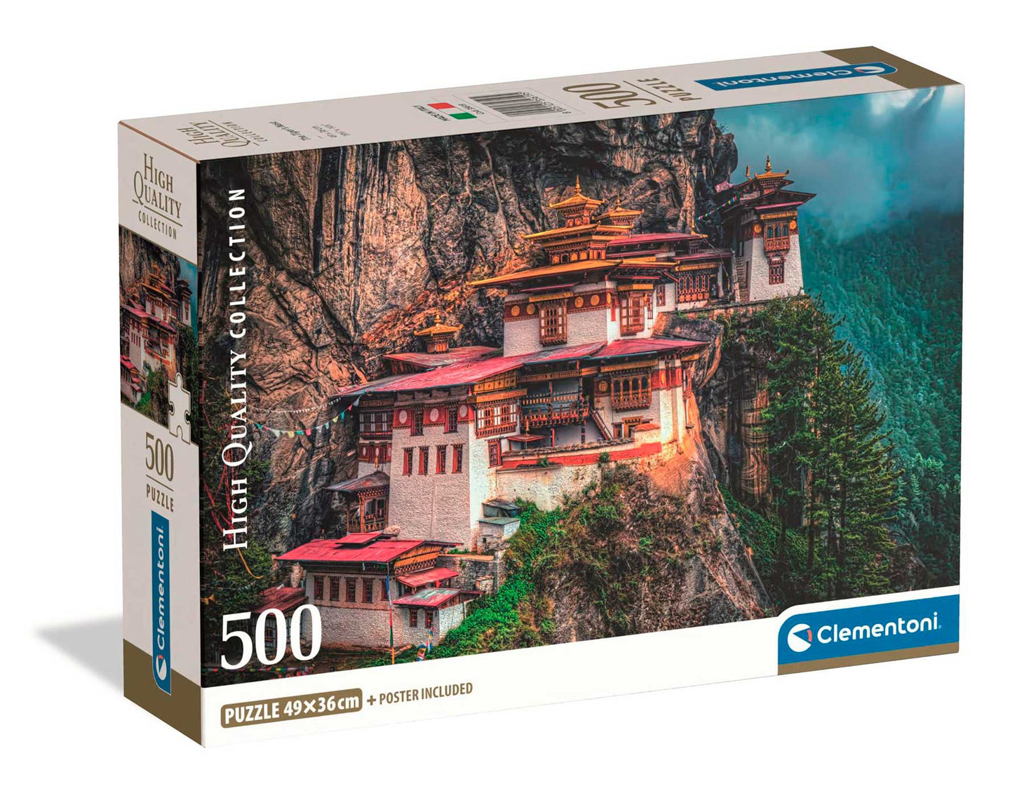 Caja del Puzzle El Nido del Tigre 500 piezas Clementoni. El monasterio budista de Paro Taktsang enclavado en un acantilado rocoso de Bután, rodeado de bosque y montañas.
