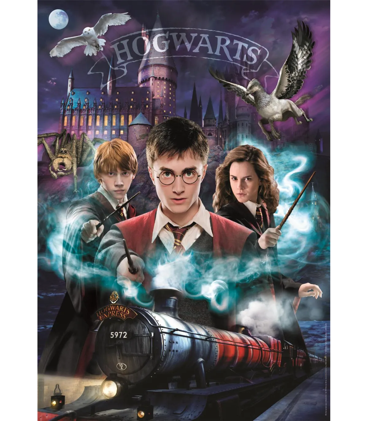 Caja del Puzzle Harry Potter Collage 1000 piezas Clementoni. Harry, Ron y Hermione con varitas ante el castillo de Hogwarts, con el Hogwarts Express, una lechuza y un hipogrifo.