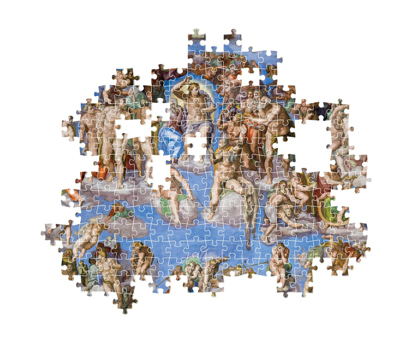 Montaje parcial del puzzle El Juicio Universal Michelangelo 1000 piezas Clementoni Museum Collection con piezas sueltas mostrando el fresco de la Capilla Sixtina