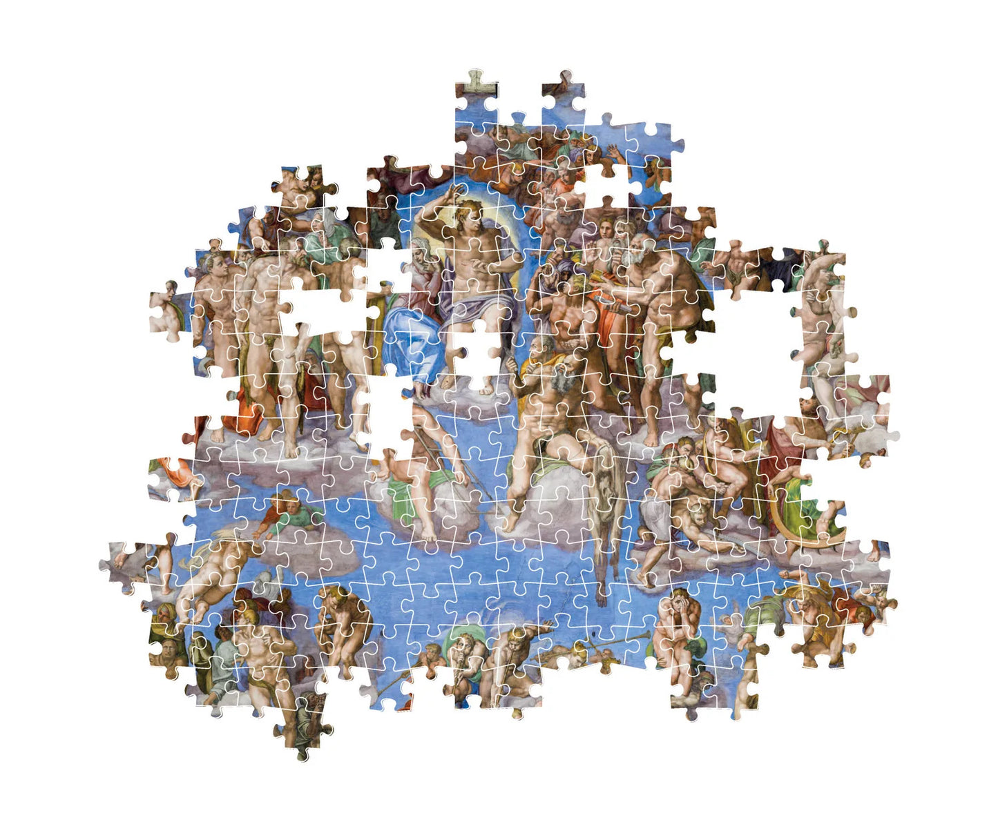 Montaje parcial del puzzle El Juicio Universal Michelangelo 1000 piezas Clementoni Museum Collection con piezas sueltas mostrando el fresco de la Capilla Sixtina