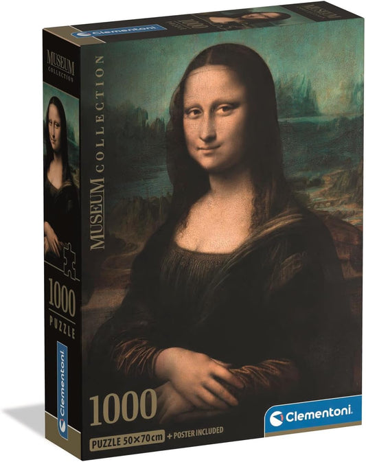 Caja del puzzle La Mona Lisa 1000 piezas Clementoni Museum Collection con el retrato de Leonardo da Vinci de la dama sonriente sobre un paisaje