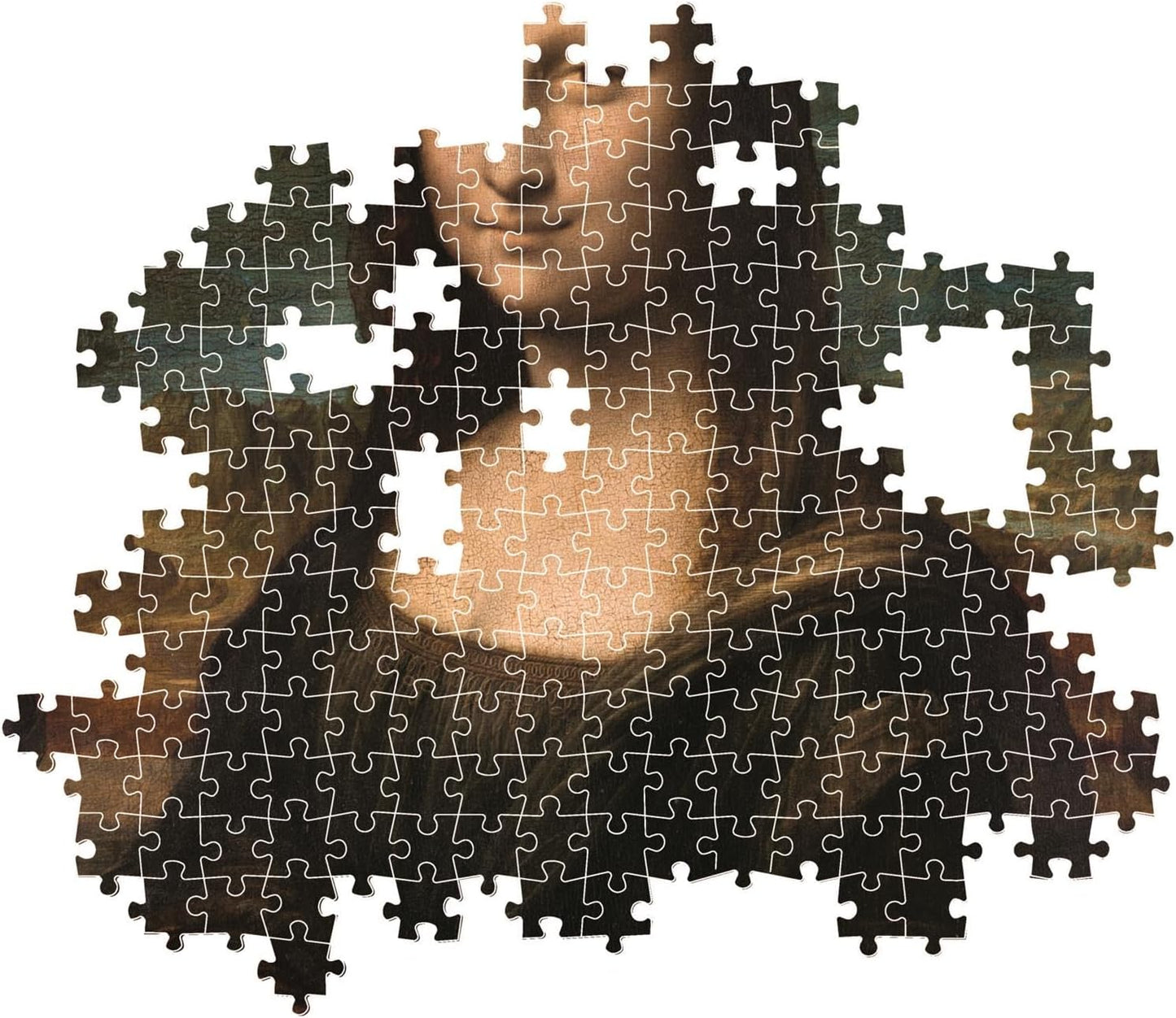 Montaje parcial del puzzle La Mona Lisa 1000 piezas Clementoni Museum Collection con piezas sueltas mostrando el rostro de la Mona Lisa