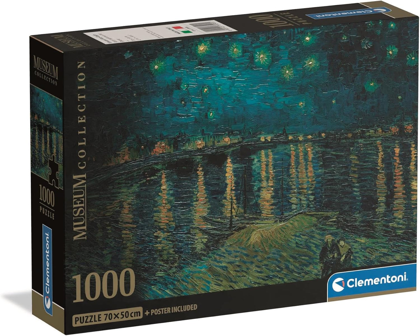 Caja del puzzle La Noche Estrellada sobre el Ródano Van Gogh 1000 piezas Clementoni Museum Collection con el río reflejando las luces bajo el cielo estrellado