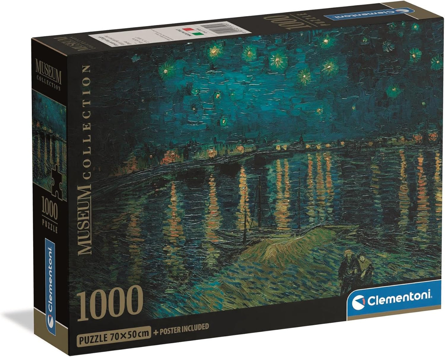Caja del puzzle La Noche Estrellada sobre el Ródano Van Gogh 1000 piezas Clementoni Museum Collection con el río reflejando las luces bajo el cielo estrellado