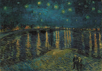 Ilustración del puzzle La Noche Estrellada sobre el Ródano Van Gogh 1000 piezas Clementoni Museum Collection con el río reflejando las luces bajo el cielo estrellado