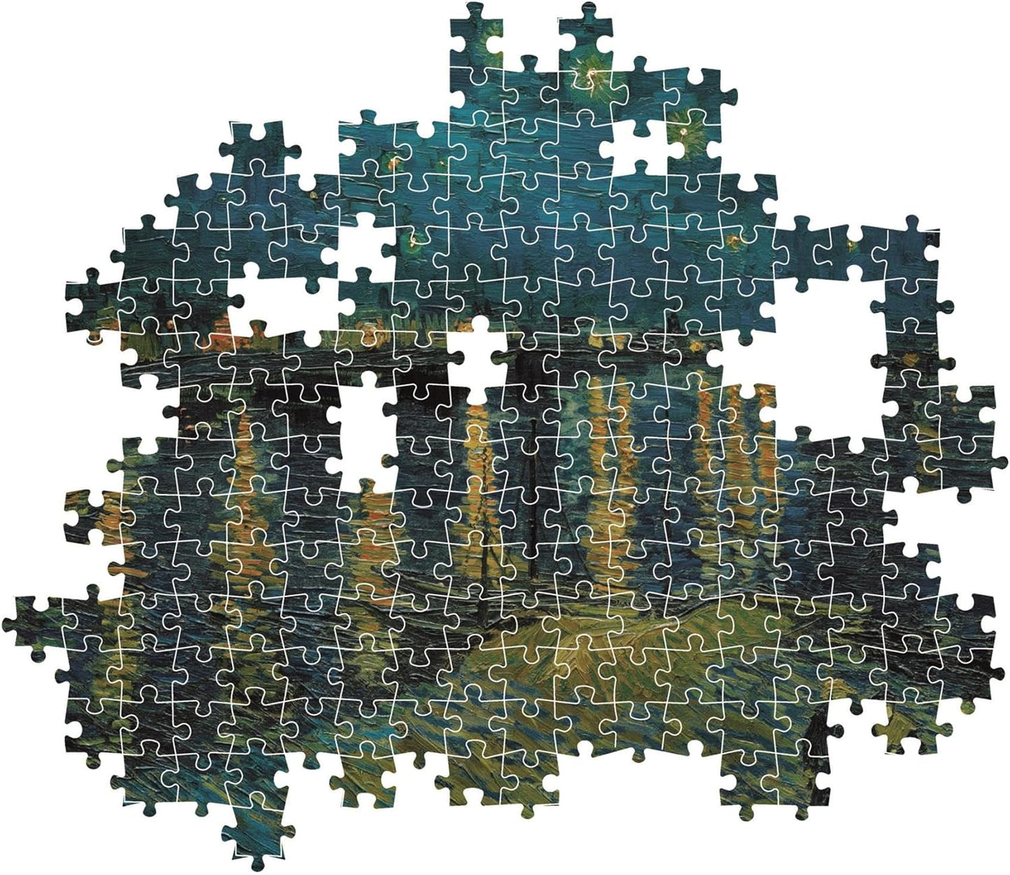 Montaje parcial del puzzle La Noche Estrellada sobre el Ródano Van Gogh 1000 piezas Clementoni Museum Collection con piezas sueltas mostrando el río y el cielo estrellado