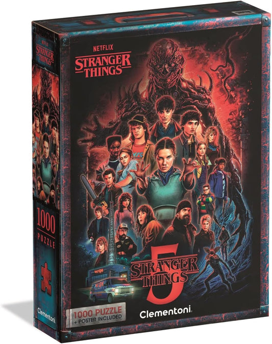 Caja del Puzzle Stranger Things Temporada 5 1000 piezas Clementoni. Collage de los personajes de la serie con Eleven en el centro y Vecna al fondo en tonos rojos y oscuros.