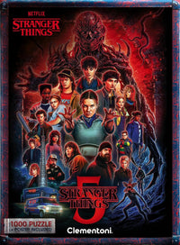 Ilustración del Puzzle Stranger Things Temporada 5 1000 piezas Clementoni. Collage de los personajes de la serie con Eleven en el centro y Vecna al fondo en tonos rojos y oscuros.