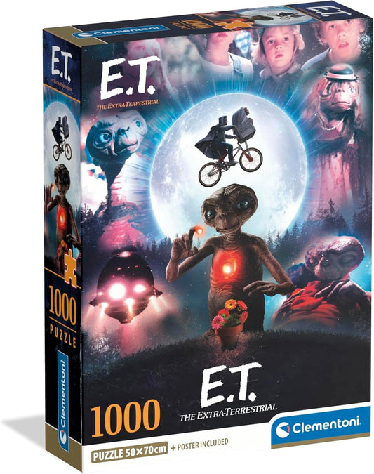 Caja del Puzzle E.T. El Extraterrestre 1000 piezas Clementoni. Collage de la película con E.T. en primer plano, la icónica escena de la bicicleta ante la luna y los niños protagonistas al fondo.