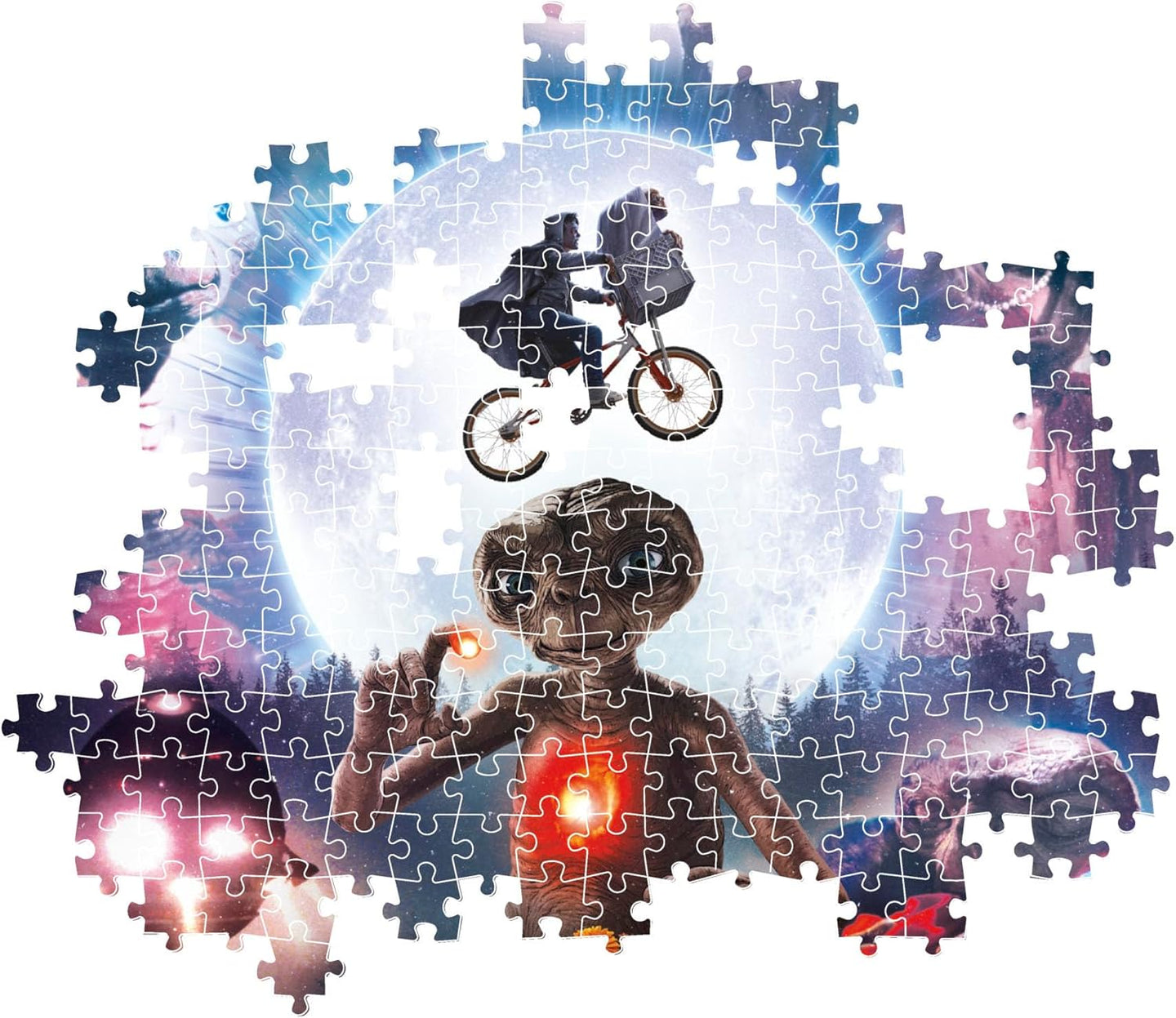 Montaje parcial del Puzzle E.T. El Extraterrestre 1000 piezas Clementoni, con piezas encajadas mostrando a E.T. y la escena de la bicicleta ante la luna, y piezas sueltas alrededor.