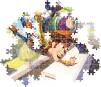 Montaje parcial del Puzzle Toy Story 1000 piezas Clementoni, con piezas encajadas mostrando a Woody y Buzz Lightyear volando sobre el camión y piezas sueltas alrededor.