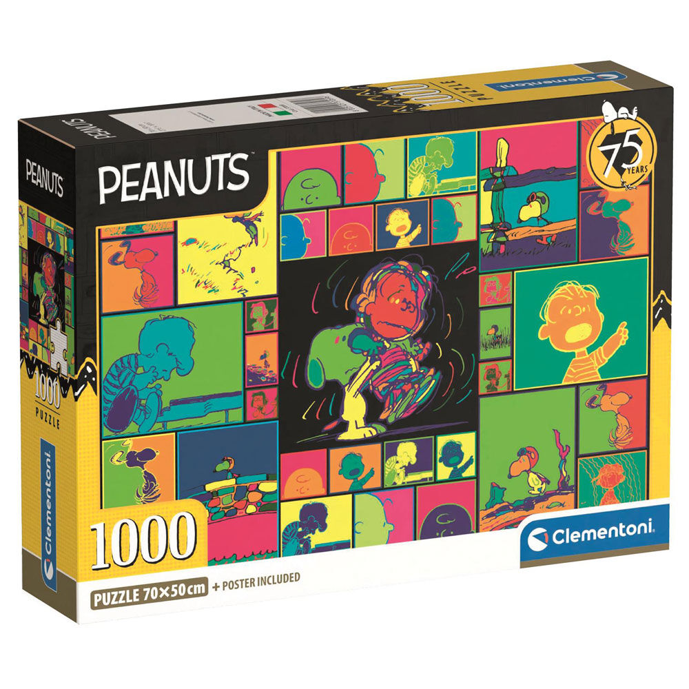 Caja del Puzzle Snoopy Peanuts 1000 piezas Clementoni. Collage estilo pop art de viñetas de los personajes de Peanuts en colores vivos, con Snoopy y Linus bailando en el centro.